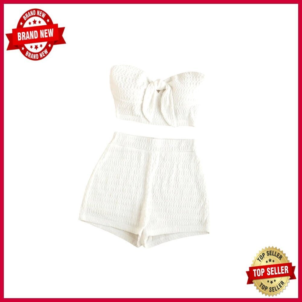 Strapless Crop Top and Shorts Set, Polyester, Medium, Summer Outfit